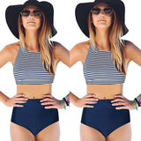 New Bikini Womens High Waist 2 Piece Stripe Bikini - shop.livefree.co.uk