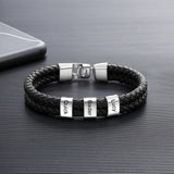 JewelOra Personalized Engraved Family Name Beads Bracelets Black Braided Leather Stainless Steel Bracelets for Men Fathers - Livefree