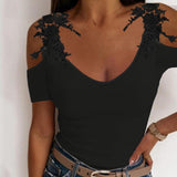 Women Sexy Lace Off Shoulder Blouse Elegant Female Summer O Neck Slim Streetwear Dress Shirts Ladies Casual Poullover Tops Tee - Livefree
