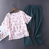 Women's Cotton Pyjamas Water-washed Pijamas Crepe Yarn Short-sleeved Long Pants Sleepwear Home Suit Women Pajamas 2-piece Set - shop.livefree.co.uk