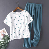 Women's Cotton Pyjamas Water-washed Pijamas Crepe Yarn Short-sleeved Long Pants Sleepwear Home Suit Women Pajamas 2-piece Set - shop.livefree.co.uk